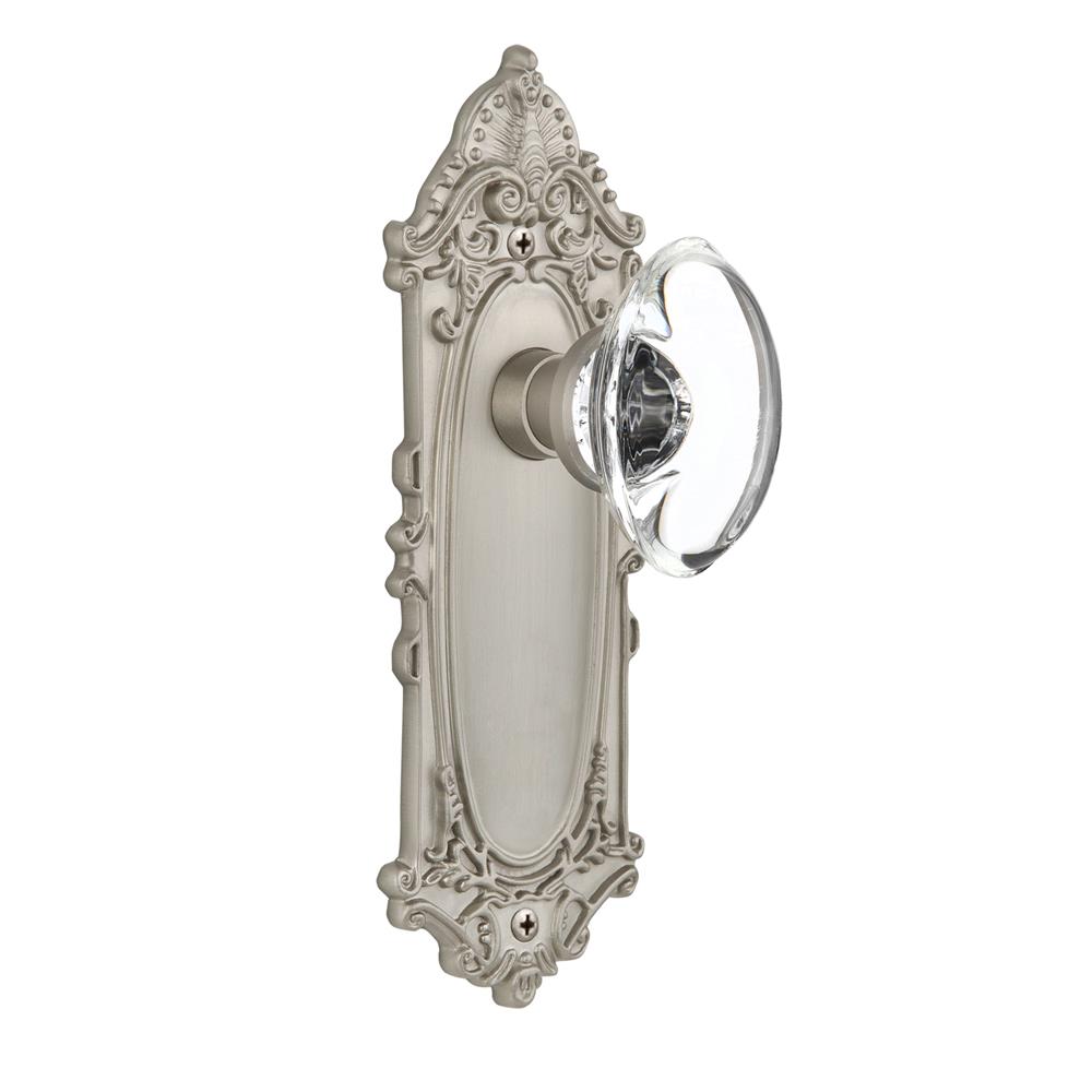 Nostalgic Warehouse VICOCC Passage Knob Victorian Plate with Oval Clear Crystal Knob without Keyhole in Satin Nickel